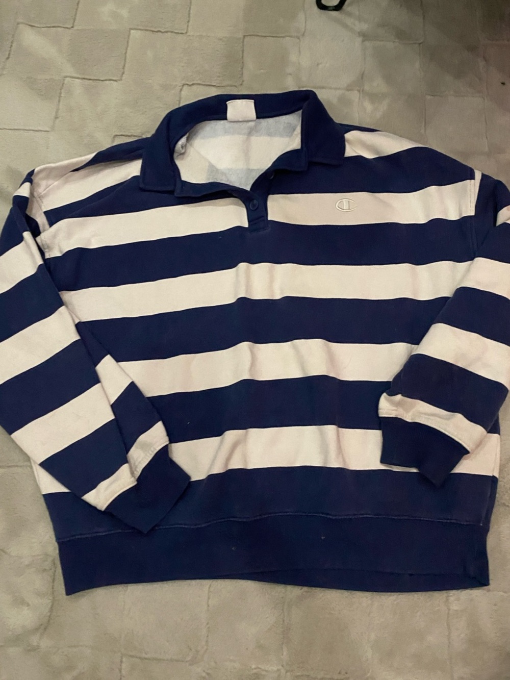 Champion Navy and White Striped Crewneck Rugby Sweater